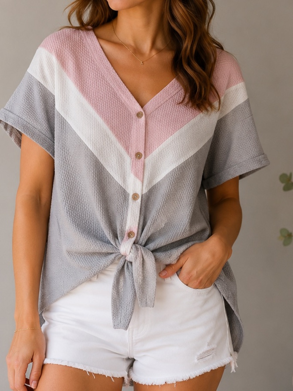 KORI America Colorblock Waffle Knit Tie Front Top Small Pink Gray